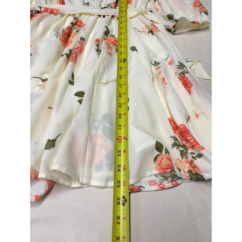 NWT Sugarlips Floral Fit and Flare Dress Cream Orange Rose Puff Sleeve M - Picture 7 of 9